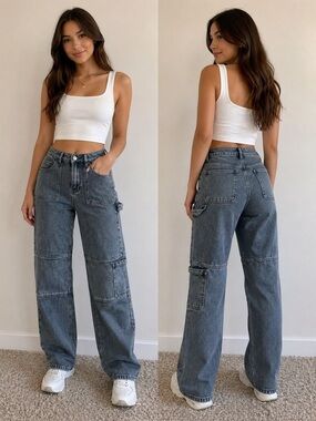 PacSun Washed Gray High-Rise Wide-Leg Patchwork Jeans